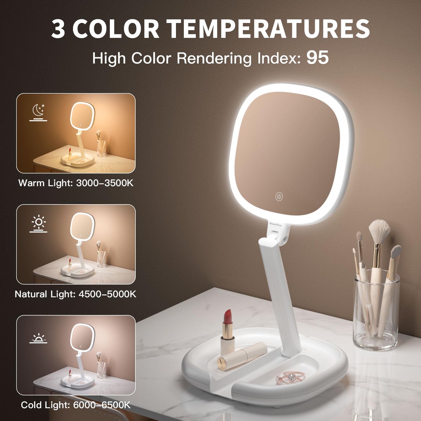 Beautifive 6.3" Makeup Mirror, 1X/8X Magnification, 3 Light Modes, Plug-in or Battery Operated Double-Sided Lighted Vanity Mirror, Adjustable Height Stand for Home, Women