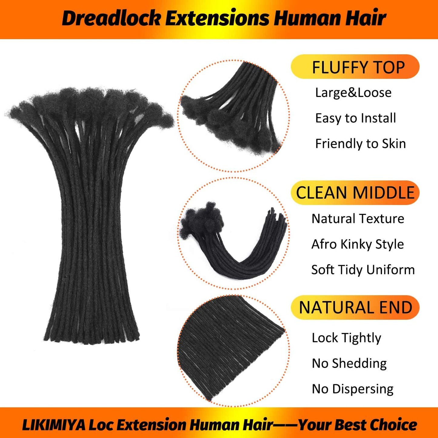 Loc Extensions Human Hair 0.4 cm 8 Inch 30 Strands Dreadlock Extensions Human Hair Loc Extensions Dreads Extensions for Men Women Kids Real Human Hair Locs 1B Natural Black Handmade Permanent Locs