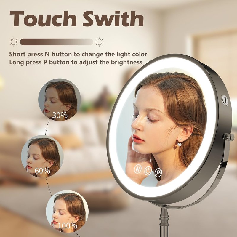 Lighted Makeup Mirror - 9" Double-Sided 1X/10X Magnification | Rechargeable with Adjustable Brightness & 80 LED Lights - Grey