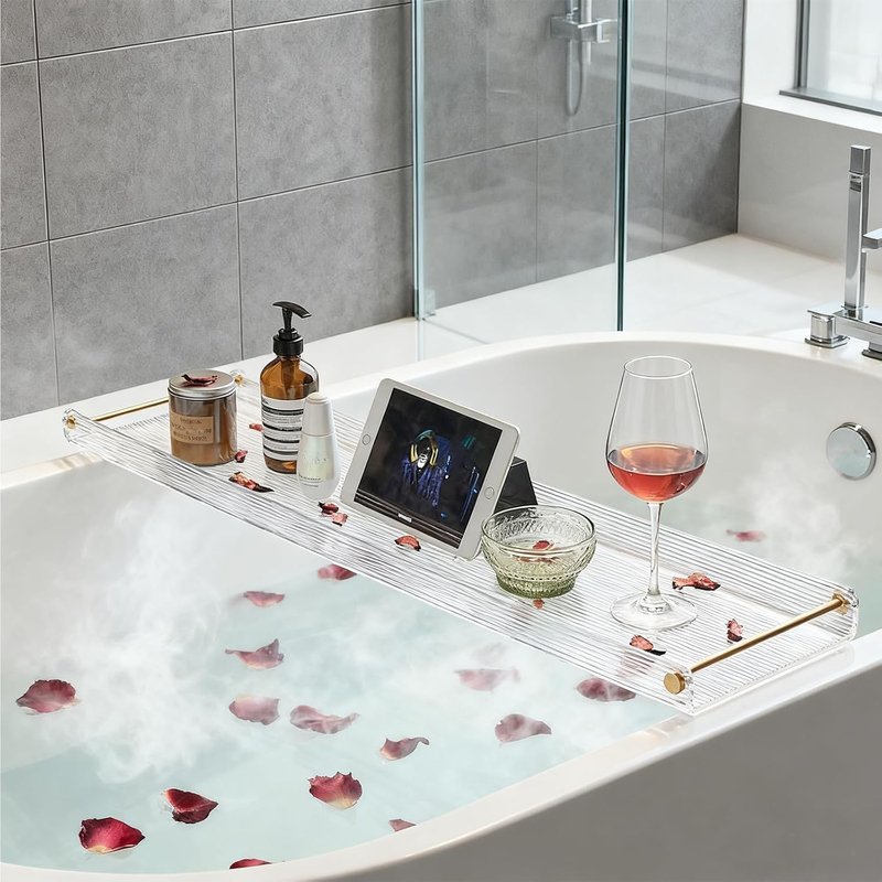 Acrylic Bathtub Tray, NEWRAIN Clear Bath Caddy Tub Table,Unique House Warming Gifts, New Home, Anniversary and Wedding Gifts for Couple, Bathroom Accessories for Spa or Reading Lite Style ﻿