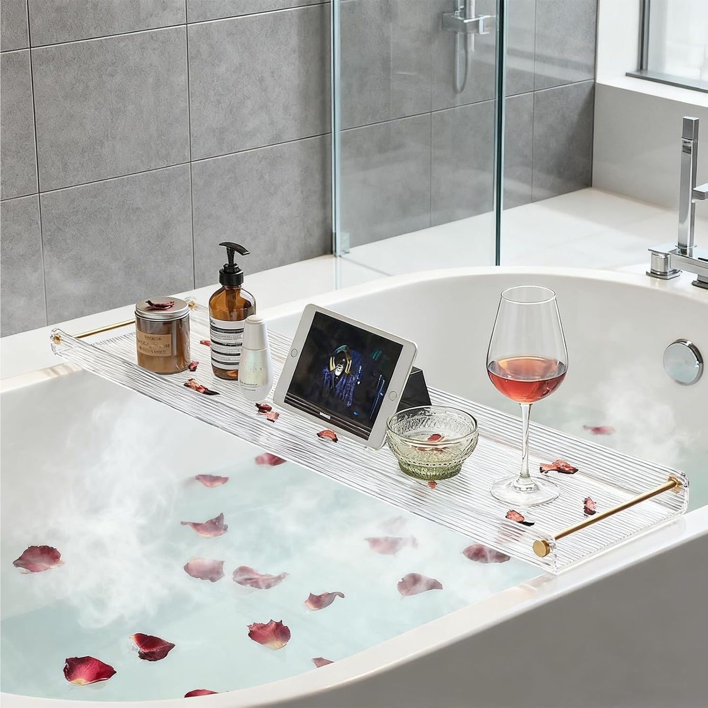 Acrylic Bathtub Tray, NEWRAIN Clear Bath Caddy Tub Table,Unique House Warming Gifts, New Home, Anniversary and Wedding Gifts for Couple, Bathroom Accessories for Spa or Reading Lite Style ﻿