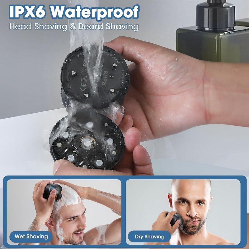 6D Electric Head Shaver for Men - Waterproof Rechargeable Razor with LED Display | Cordless Grooming Kit