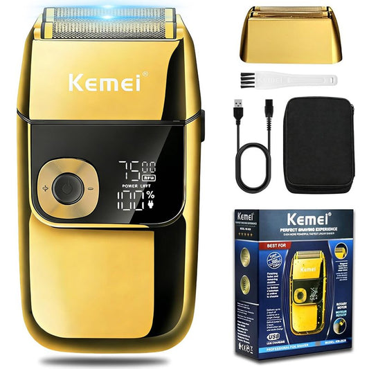 KEMEI Electric Razors for Men, LCD Display Cordless Men's Razors, USB Rechargeable with Pop-up Beard Trimmer Best Worldwide Travel Gift, Model KM 2028, Gold