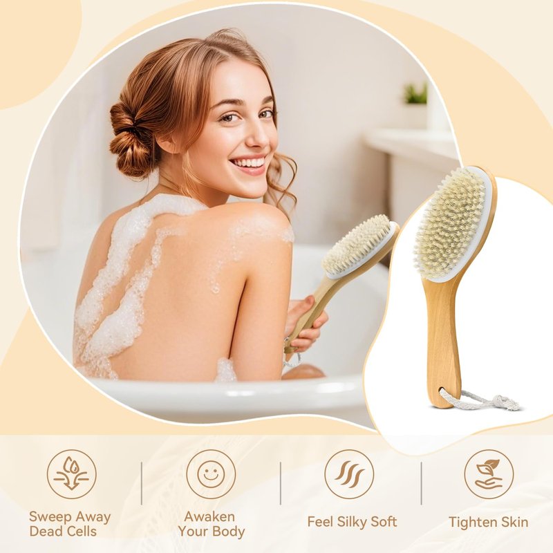 GIWOSK 6 Pack Dry Brushing Body Brush, Soft Natural Bristle Exfoliating Dry Brush with Contoured Wooden Handle for Lymphatic Drainage Cleaning Body Skin Care