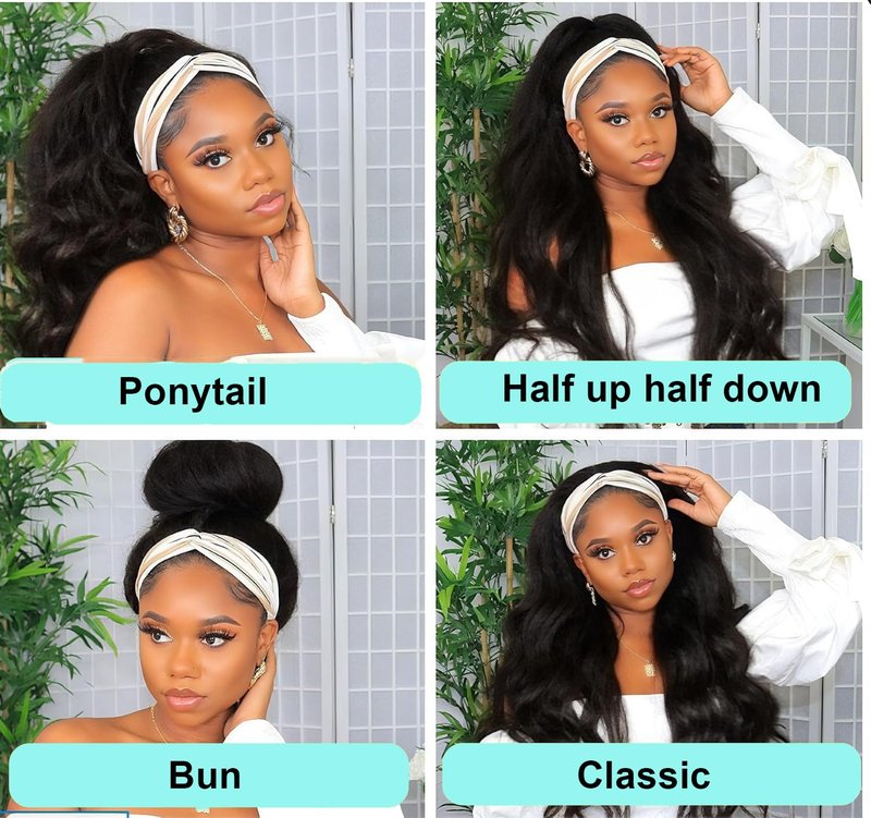 Justres Headband Wigs for Black Women Human Hair 16 Inch Glueless Body Wave Headband Wig Human Hair 100% Brazilian Virgin Hair Machine Made Head band Wig 180% Density