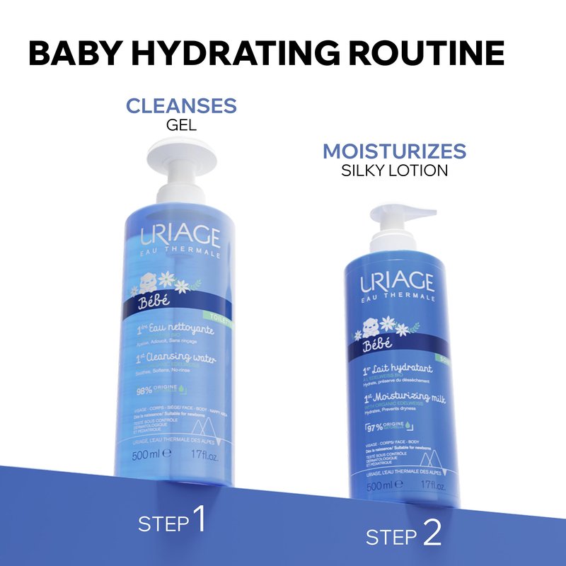 Uriage Baby 1st cleansing water with Organic Edelweiss, Softens baby's delicate skin, Ultra-convenient pump, Soap Free, Face & body, Physiological pH
