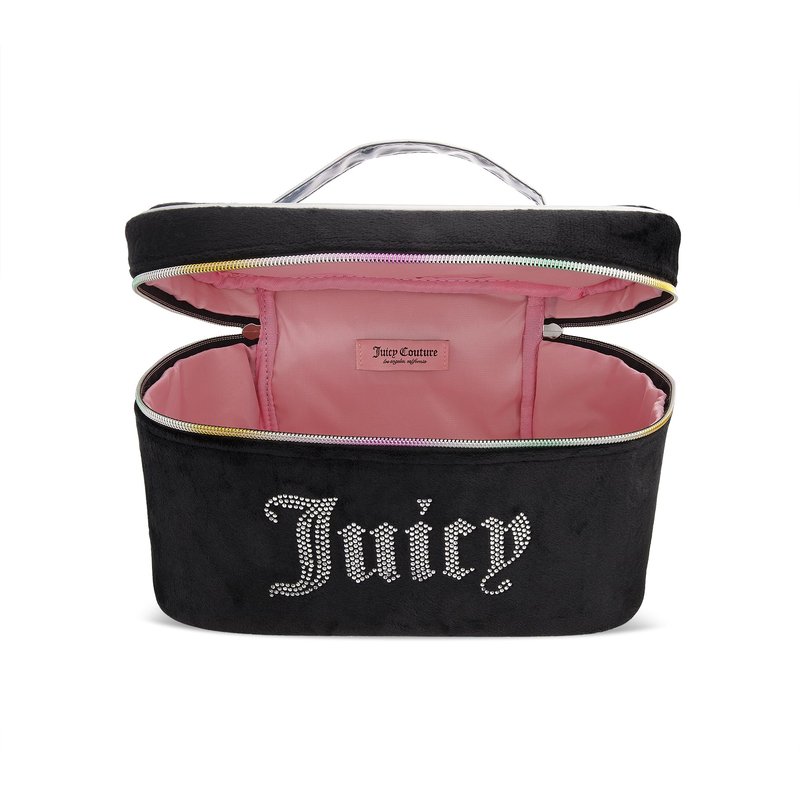 Juicy Couture Black Rainbow Makeup Bag Cosmetics Organizer Travel Essentials Train Case Velour Rhinestones