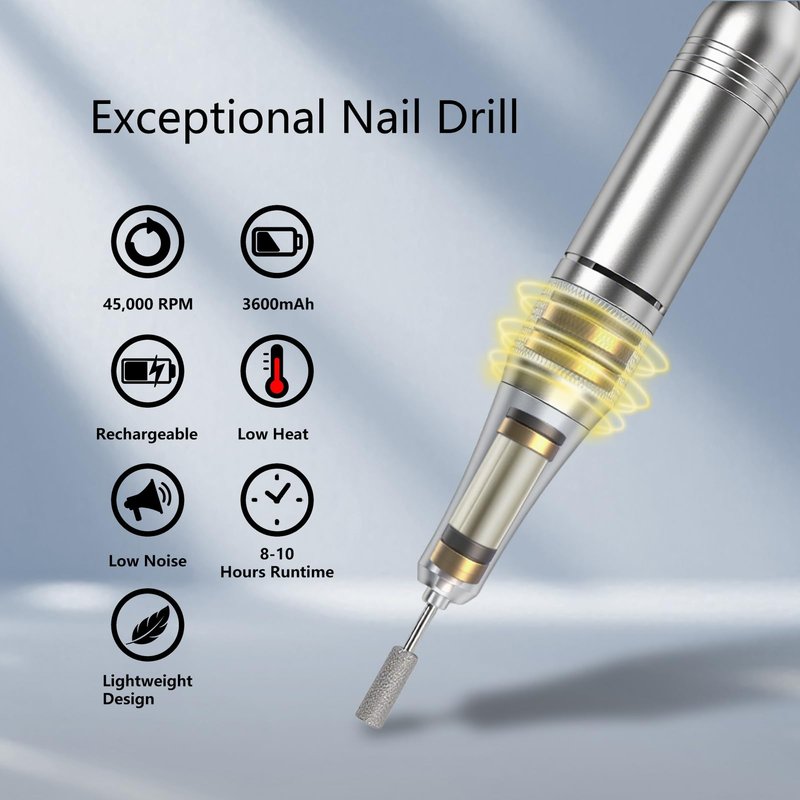 45,000 RPM Cordless Nail Drill for Acrylic & Gel Nails, Low Noise High Torque, LCD Display & 6 Bits - Rechargeable Electric Nail File Kit for Manicure Pedicure Home Use