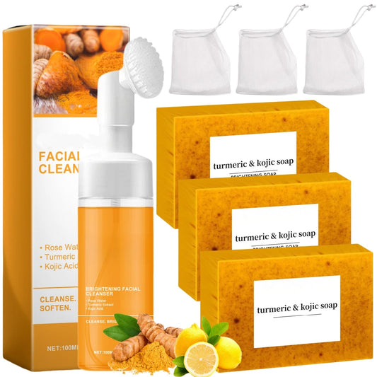 Peehss Turmeric Soap & Turmeric Face Wash Set, Honey Lemon Tumeric Kojic Soap Bar & Facial Cleanser Combo for Face & Body, Evens Skin Tone Deep Cleansing Moisturizing