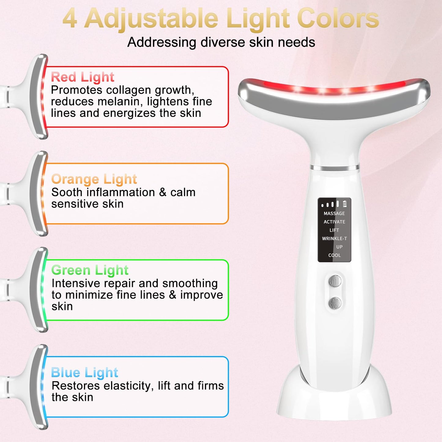 Neck Face Massager, 4 Color LED Facial Massager with Micro-Current Vibration Facial Cold and Hot Service for Wrinkles, Double Chin, Multifunctional Facial Light Therapy Device for Skin Care at Home