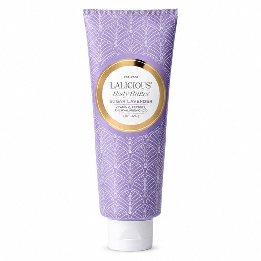 LALICIOUS Sugar Lavender Whipped Body Butter 8oz | Ultra-Hydrating Shea Butter Body Cream with Hyaluronic Acid, Vitamin C & Peptides | Deep Moisturizing Lotion for Dry Skin | Calming Lavender Scent