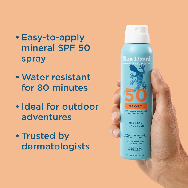 BLUE LIZARD Sport Mineral Sunscreen Spray SPF 50+, Dermatologist-Recommended Brand, Broad-Spectrum UVA/UVB Protection, Water-Resistant, Zinc Oxide Formula, Vegan, 5 fl oz