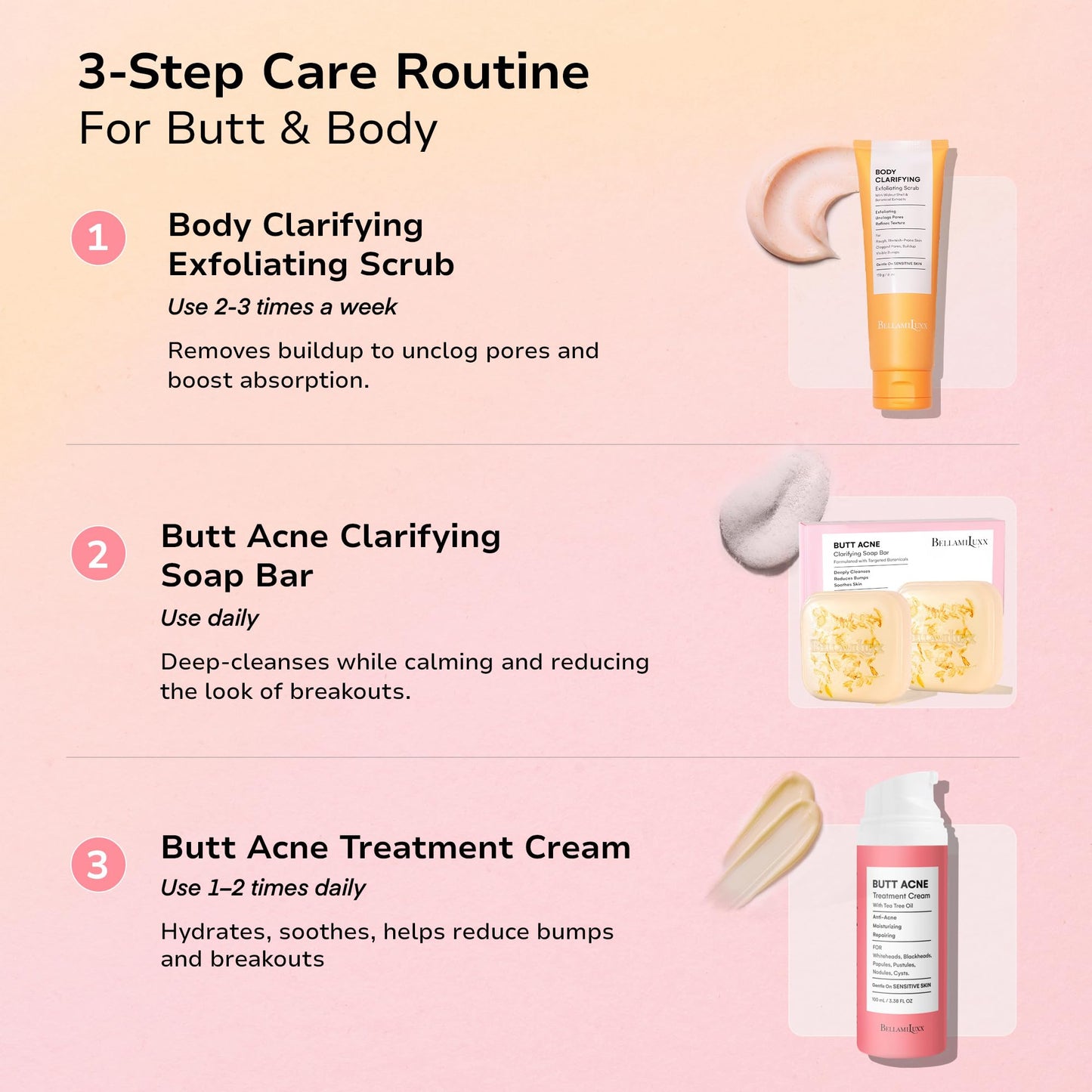 BellamiLuxx Butt Acne Clearing Treatment Lotion: 2% Salicylic Acid Body Acne Treatment for Breakouts on Buttocks & Thighs, Folliculitis, Bumps, Rough Texture - Tea Tree Oil Butt Cream for Smooth Skin
