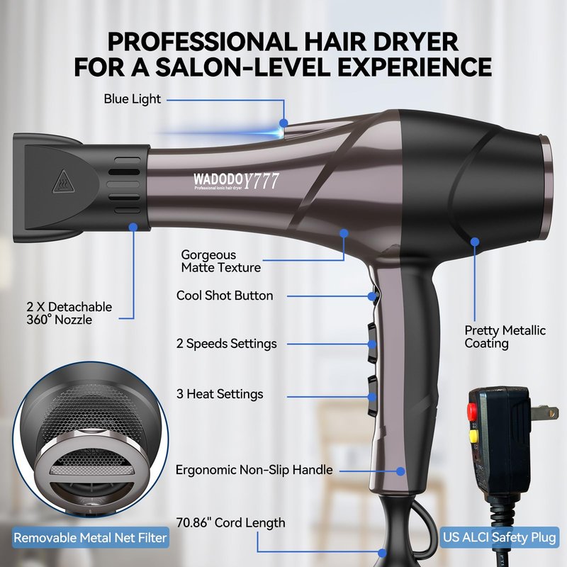 WADODO Ionic Hair Dryer, 2200W Professional Blow Dryer Fast Drying Travel AC Motor Constant Temperature Low Noise Ion Dryers Curly Care Hairdryer Blowdryer for Women Men