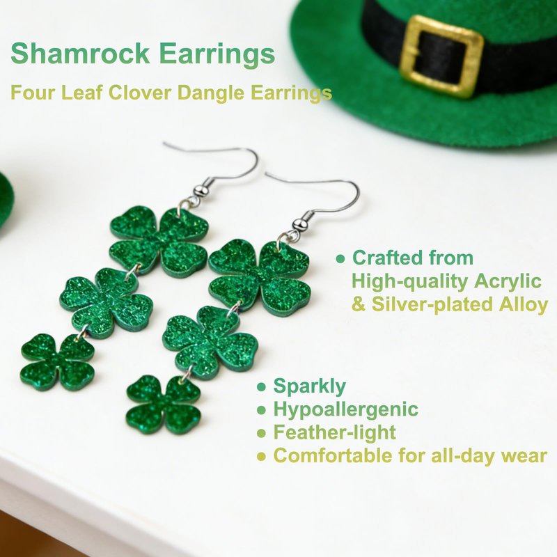 Mysense St Patricks Day Accessories,Shamrock Dangle Earrings,6PCS Glitter Freckles Temporary Tattoos Face Stickers,Irish Festival Green Accessories for Saint Patrick’s Day Outfit Women Girls