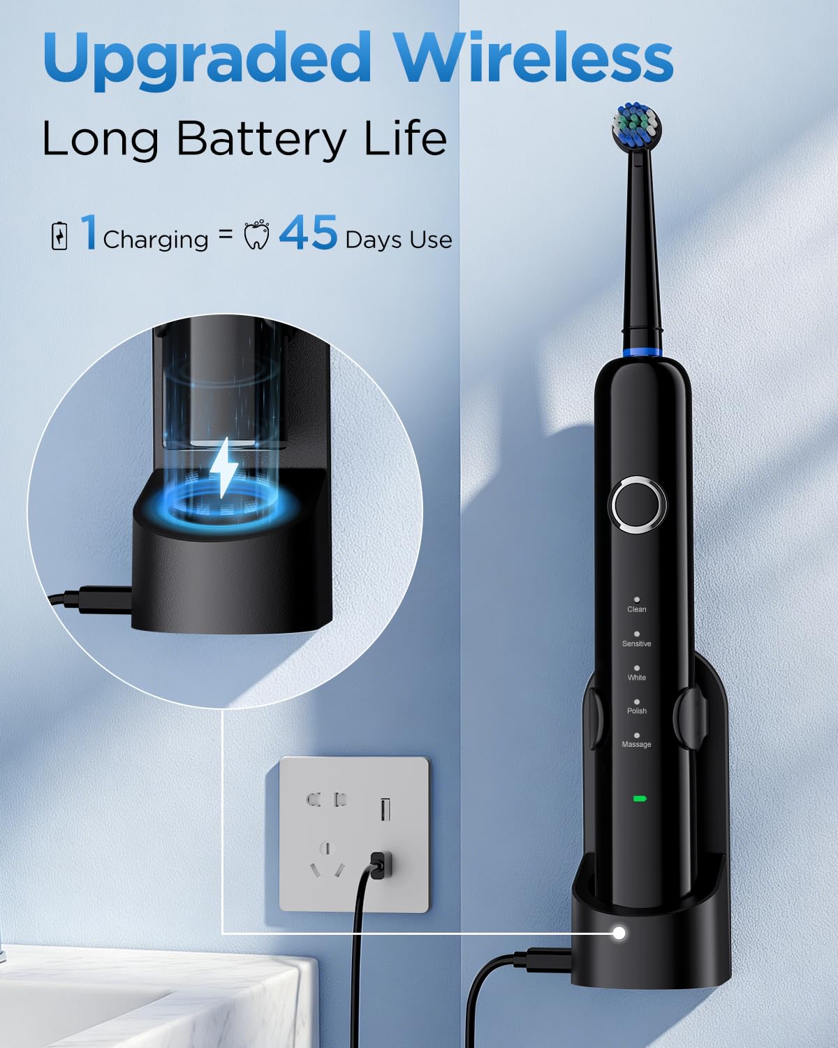 Rtauys Rotating Electric Toothbrush for Adults with 8 Brush Heads (2 Types), 5 Modes Rechargeable Power Toothbrush with Travel Case and 2 Minute Smrte Timer