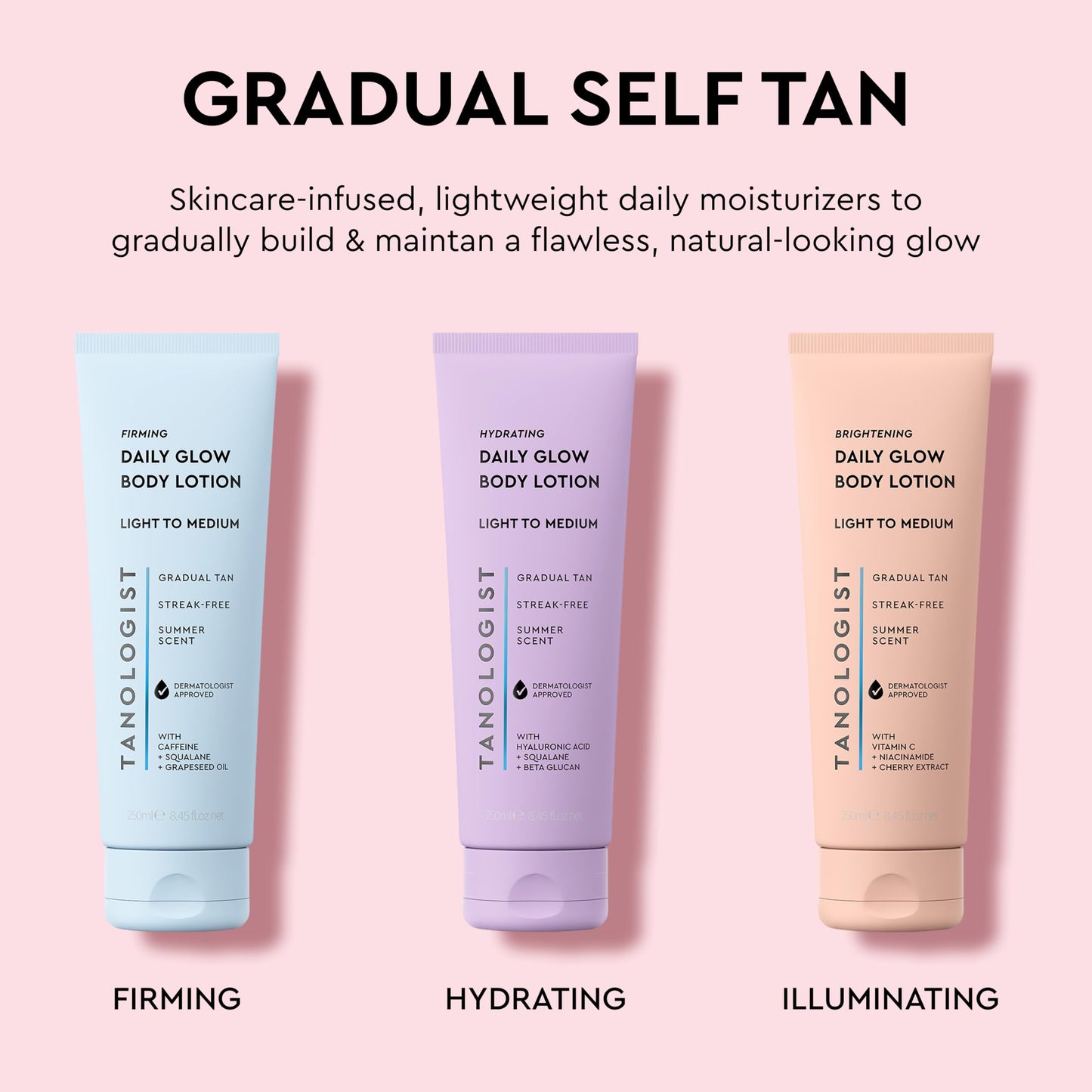 Tanologist Brightening Daily Glow Body Lotion, Medium/Dark, Gradual Tanning Lotion, No Fake Tan Smell, Streak-Free & Natural-Looking Self Tanner, Vegan, 8.45 fl. oz/250 ml Tube