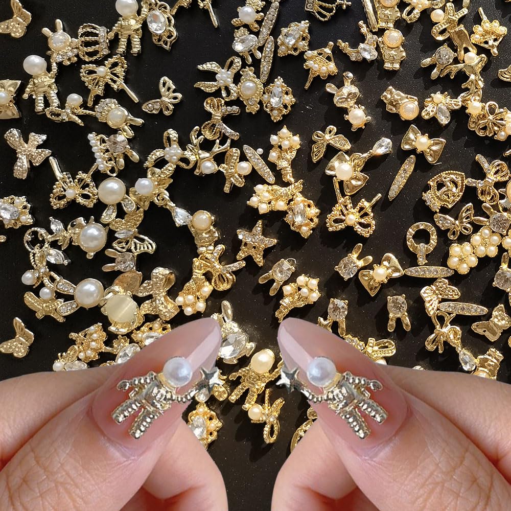 50pcs Gold 3D Alloy Flowers Bows Butterfly Star Crown Heart Charms for Nail Art Design - Mixed Gems Rhinestones Jewels Supplies
