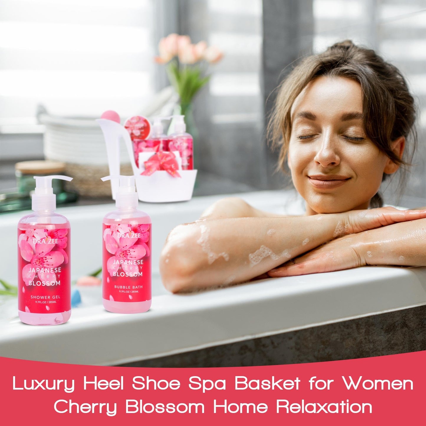 Mother’s Day Gift Baskets for Women, 8 Pc Cherry Blossom Scented Spa Gift Set, Heel Shoe Bath Basket, Elegant Bath and Body Set, Relaxing Self Care Kit for Mom, Home Spa Gifts for Her by Draizee