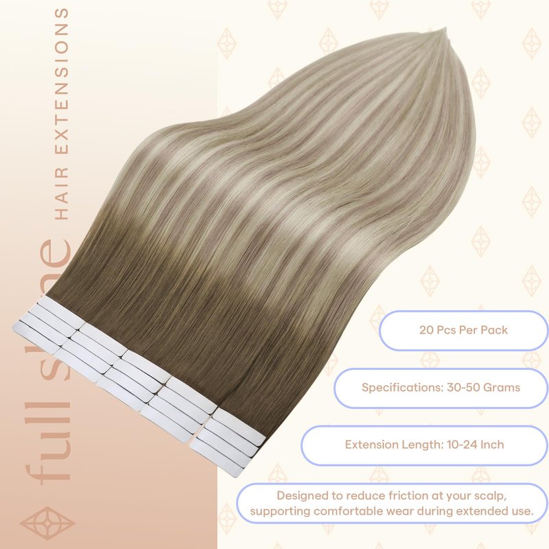 Full Shine Tape in Hair Extensions, Color 8 Light Ash Brown to 60 Ash Blonde and 18 Dirty Blonde, 16 Inch, 50g, 20PCS, Natural Invisible Seamless Tape in Extensions Human Hair Add Volume