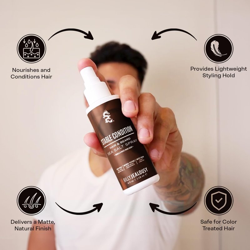 Billy Jealousy Sea Salt Spray for Hair and Beard, Texturizing & Volumizing Mist with Light Hold, Matte Finish, Beachy Waves & Natural Look, Safe for Color Treated Hair, Stable Condition, 4 Fl Oz