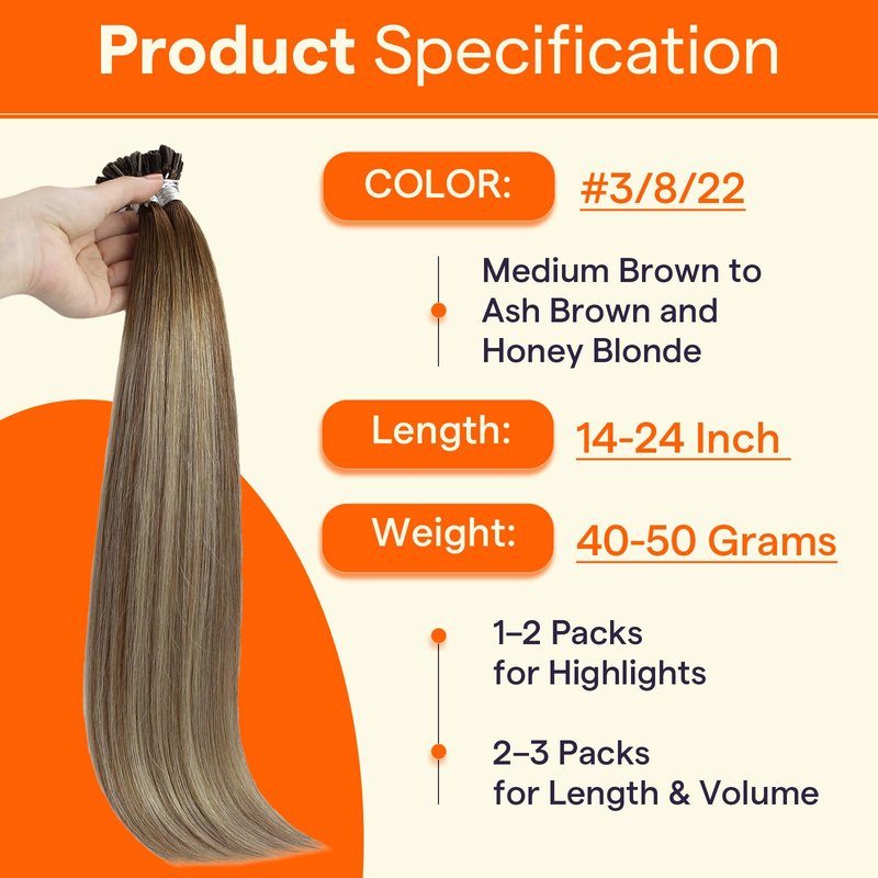 Full Shine U Tip Hair Extensions Real Human Hair 18 Inch Ktip Human Hair Extensions Balayage Color 3 Fading to 8 Ash Brown and 22 Blonde Fusion Extensions 50 Grams Pre Bonded Remy Hair for Wedding