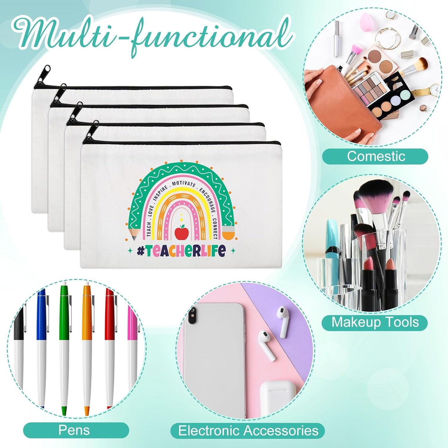 Teacher Survival Kit - 28 Pcs Rainbow Canvas Makeup Bags | Zipper Cosmetic Pouches for Appreciation Gifts