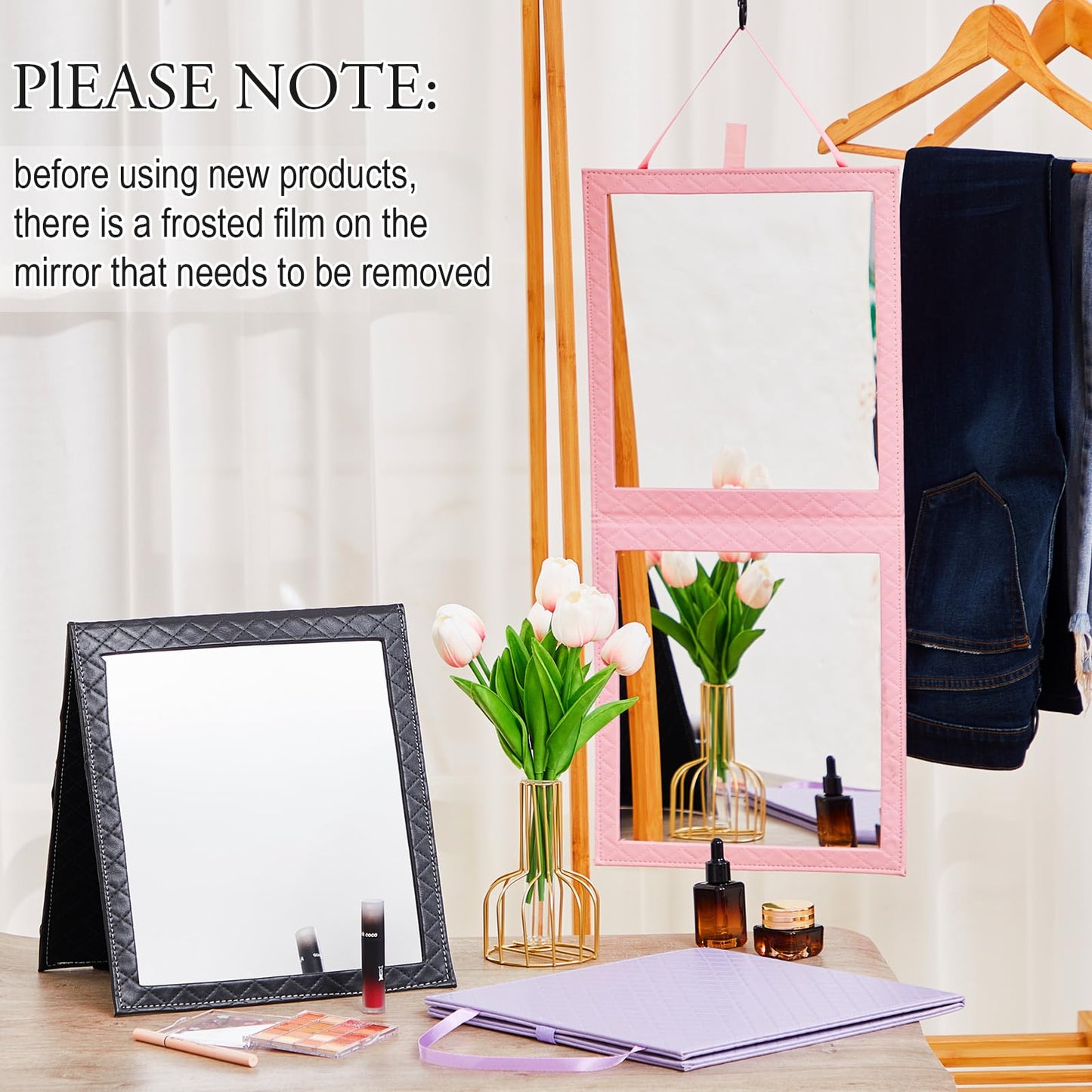 Colingmill Foldable Full Length Mirror Leather 33.5" L x 13.4" W Portable Hanging Travel Mirror with Handle for Travel Dance Camping Home Fitness Spa Gift (Black, 33.5" L x 13.4" W)