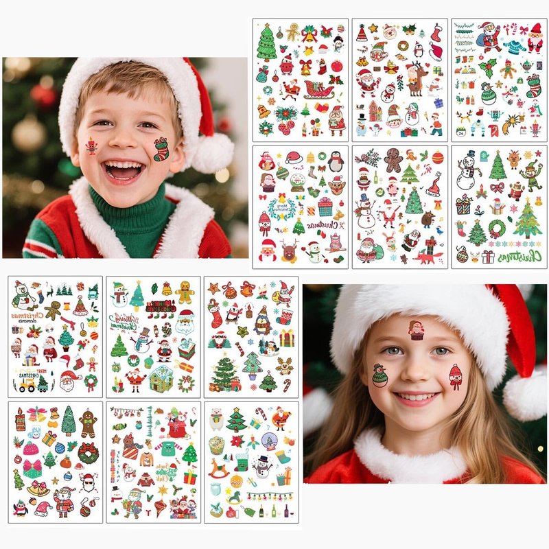 24sheets Christmas Face Temporary Tattoos Christmas Accessories Holiday Makeup Tattoo Stickers Santa Trees Snowman Deer Stocking Stuffers Party Favors for Arm Body Makeup Decals