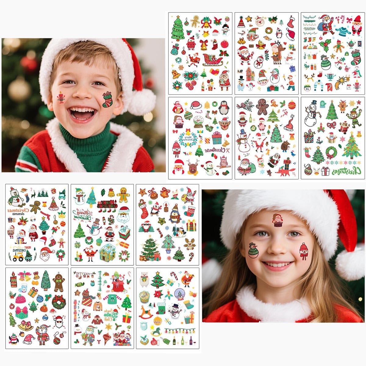 24sheets Christmas Face Temporary Tattoos Christmas Accessories Holiday Makeup Tattoo Stickers Santa Trees Snowman Deer Stocking Stuffers Party Favors for Arm Body Makeup Decals