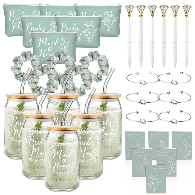 Irenare 36 Pcs Bridesmaid Proposal Gifts Set of 6 Will You Be My Bridesmaid 16 oz Glass Cup Brides Maid Cosmetic Bags Cards Bracelets Bridal Shower Favor Wedding Supplies Bachelorette Party(Green)
