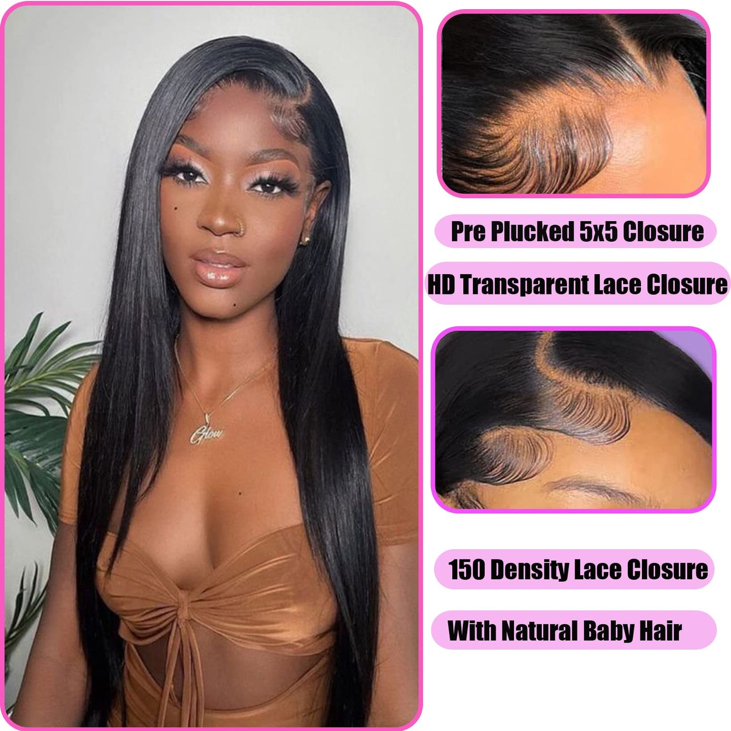 Liangya Hair Hd Closure 5x5 Straight Closure 5x5 Transparent Lace 12A Virgin Remy Human Hair Frontal Pre Plucked With Baby Hair Natural Hairline (14inch)