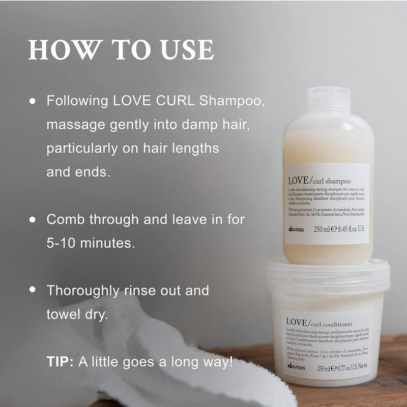 Davines LOVE Curl Conditioner, Enhancing Taming Protein-Rich Formula for Wavy and Curly Hair - Elasticizing Treatment Gives Softness & Volume with Almond Extract, Weightless Control, 8.45 Fl Oz