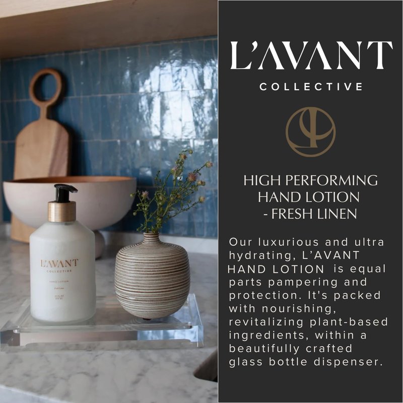 L'AVANT Collective Luxury Hand Lotion | Moisturizing Plant-Based Hand Cream with Pump, Non-Toxic, Lightweight Formula, Refillable Glass Bottle | 10 Fl Oz, Bathroom & Kitchen | Fresh Linen