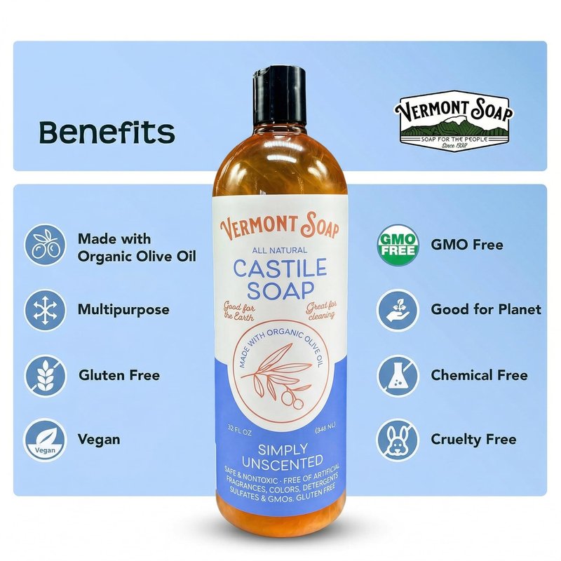 Vermont Castile Unscented Gentle Liquid Soap for Sensitive Skin, Natural Body Wash, Organic Hair Shampoo for Oily Hair, Aloe for Men & Women - 33.8 Oz