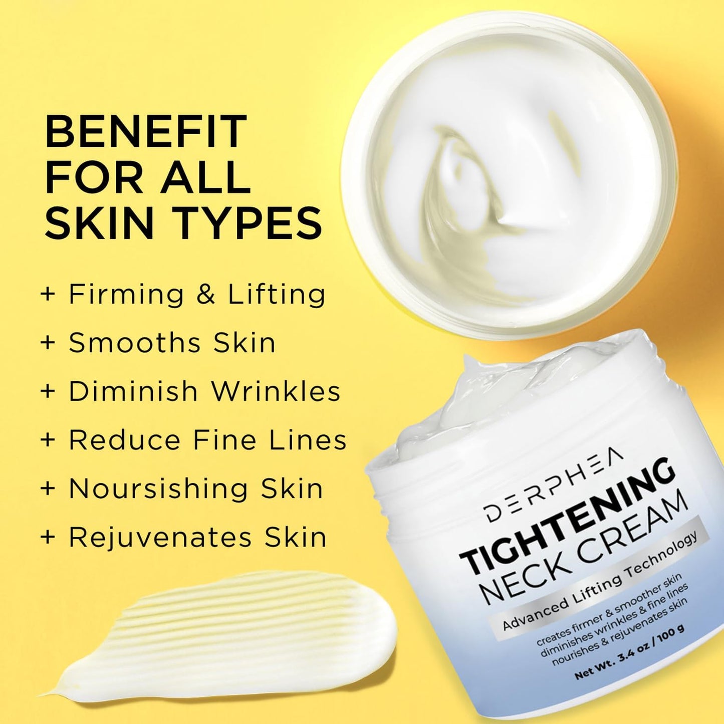 DERPHEA Neck Tightening Cream: Tighten and Lift Neck Cream For Tightening and Firming, Fine lines, Loose & Sagging On Face, Decollete & Other Skin Areas - 3.4 Fl Oz
