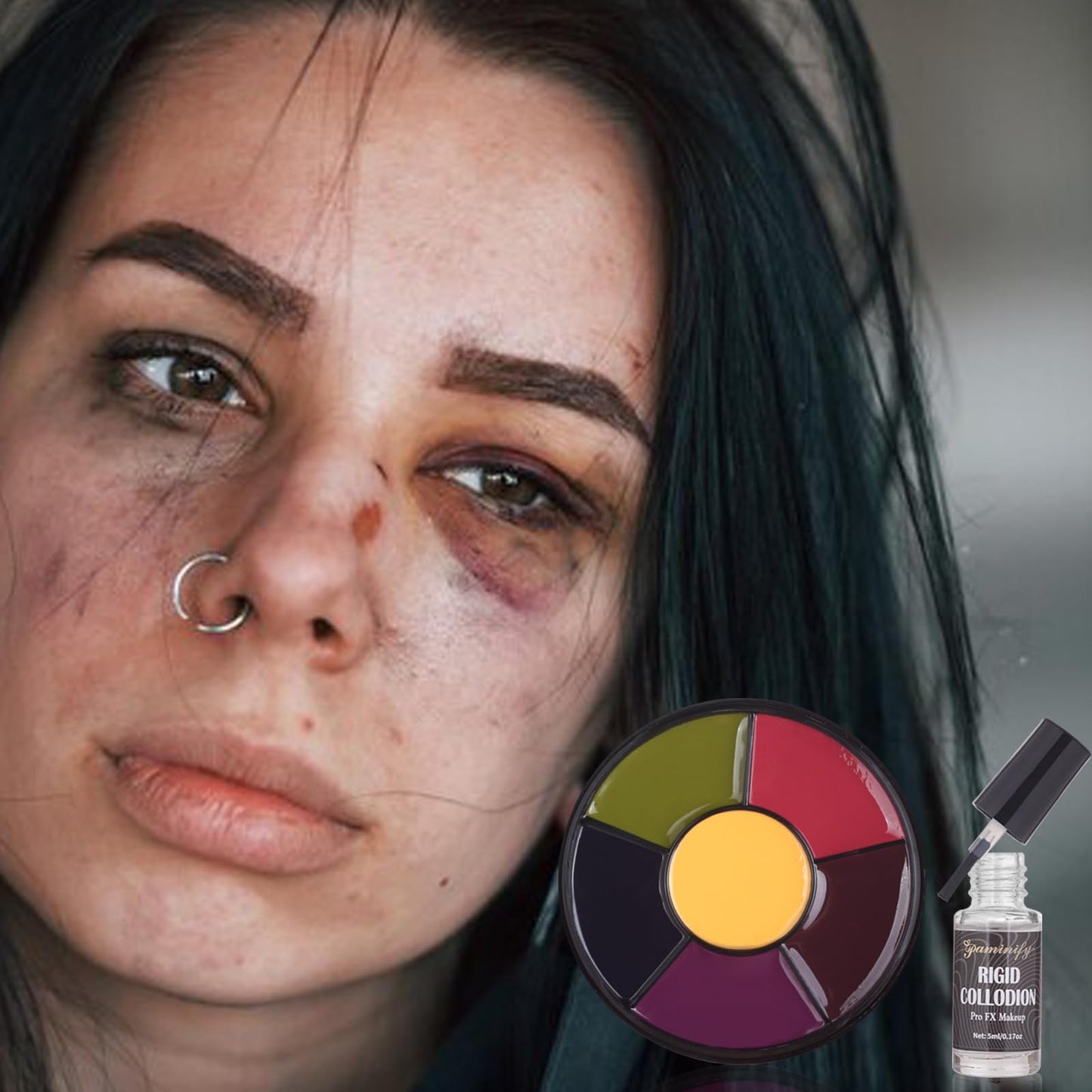 Paminify Fake Scar Bruise Makeup Kit,6 Color Bruise Wheel Body Paint and Rigid Collodion with Brush, Halloween Special Effects Makeup Kit with 2 White Sponges,Hunting Camo Face Paint