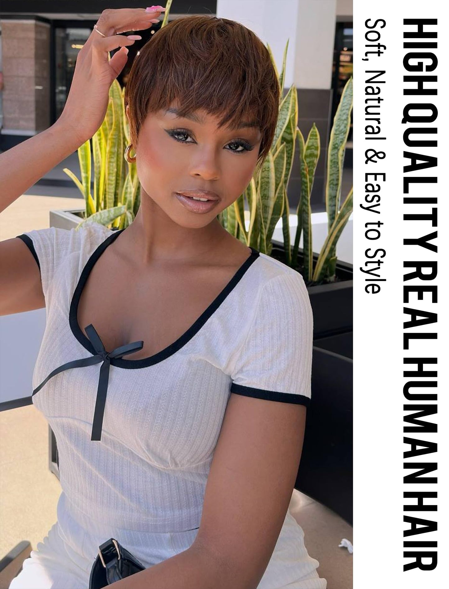 Realloves Pixie Cut Wig Human Hair Glueless Wear & Go Brazilian Virgin Remy Hair with Pre-Cut Bangs Short Wigs for Black Women, Full Machine Made Lightweight & Breathable Cap Chocolate Brown Color