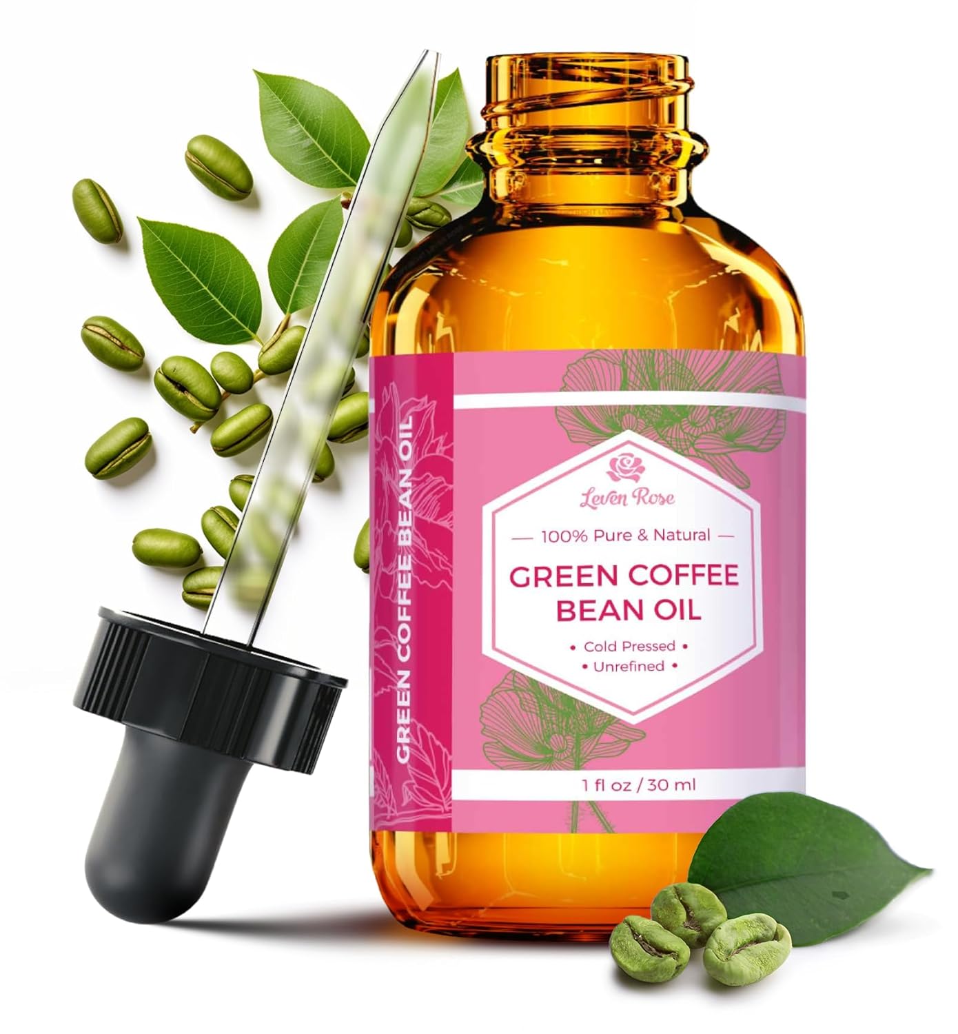 Leven Rose Green Coffee Bean Oil - 100% Natural Cold Pressed Oil for Eyes, Face, Nails & Hair | 1 oz Bottle