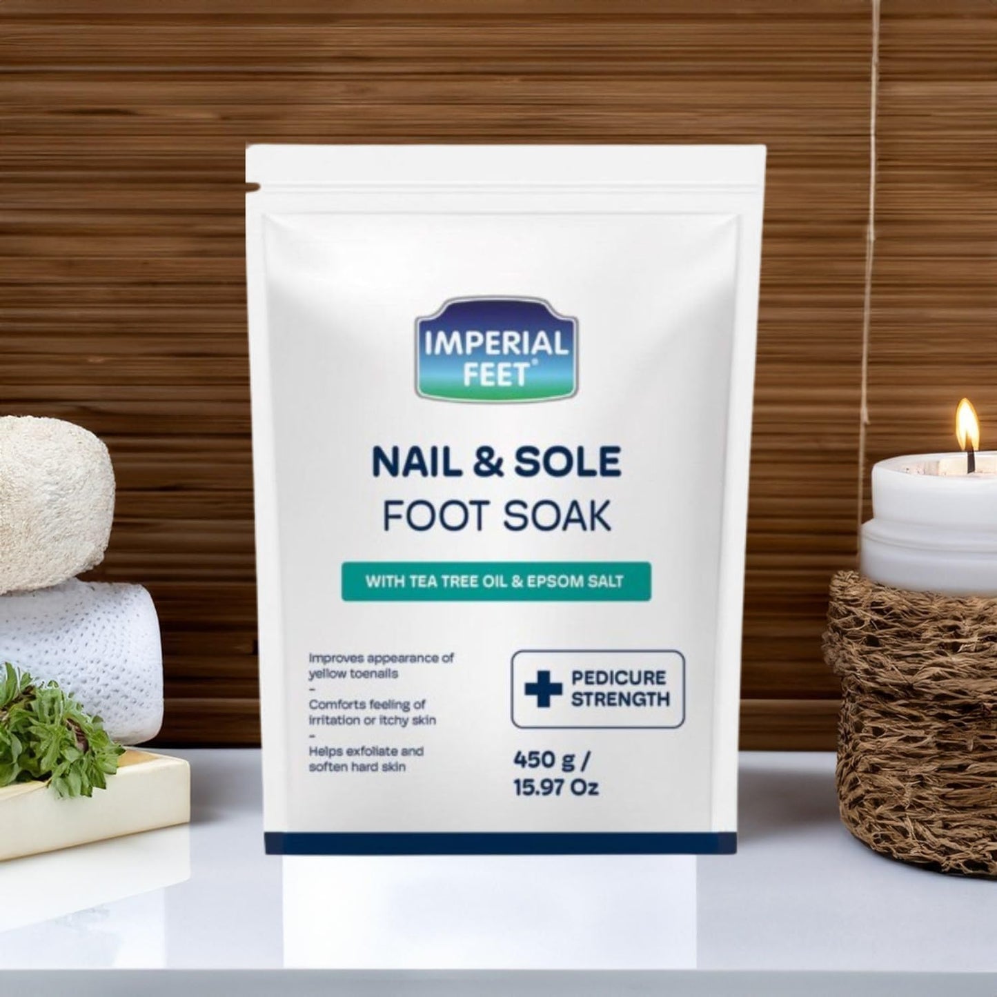 Imperial Feet Epsom Salt Foot Soak (PEDICURE GRADE)-Toenail Repair, Fungus Athletes Foot, Softens Calluses, Tired Feet & Nail Discoloration Foot Soak Salts with Tea Tree Oil 16oz (Green Fungal)