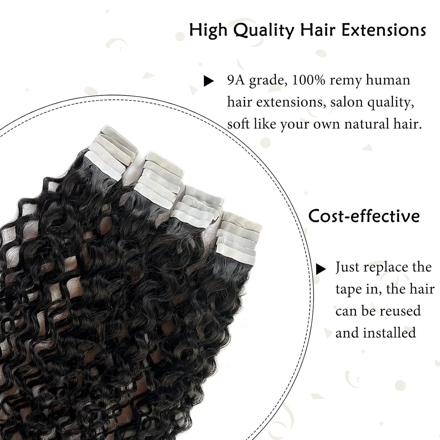 Curly Tape in Hair Extensions,14inch Natural Black Water Wave Real Human Hair Tape in Extensions 20pcs 50g Black Wavy Tape on Hair Extensions for Black Women