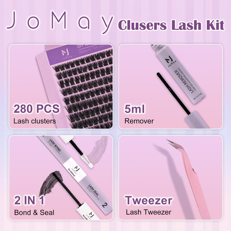 JoMay Lash Clusters Kit 560Pcs Cluster Eyelash Extensions Wispy Individual Volume with Lash Bond and Seal Waterproof, Includes Tweezers & Glue - Beginner Friendly D Curl 10-18mm(30D/40D/60D/100D)