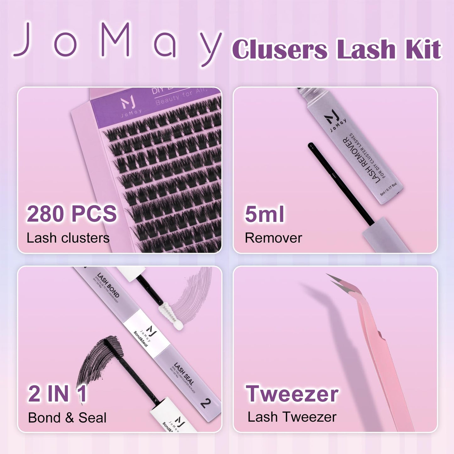 JoMay Lash Clusters Kit 560Pcs Cluster Eyelash Extensions Wispy Individual Volume with Lash Bond and Seal Waterproof, Includes Tweezers & Glue - Beginner Friendly D Curl 10-18mm(30D/40D/60D/100D)