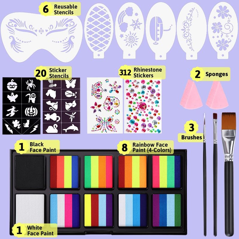 Janolia Face Painting Kit for Kids, Rainbow Face Paint Kit, Water Activated Face Paint, Macaron Color Split Cake Body Paint, Ideal Facepaint Makeup Kit for Kids Party Halloween Carnival Easter