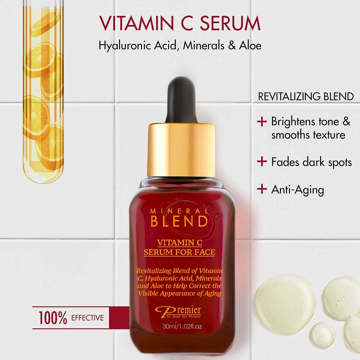 Vitamin C Facial Serum with Hyaluronic Acid & Rose Hips Oil – Cosmetic Face Serum, Mineral Blend by Premier Dead Sea, 1.02 fl oz