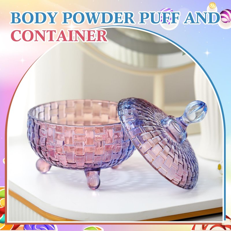 Tioncy 2 Pcs Extra Large Dusting Powder Puff and Container for Women-6'' Glass Crystal Dusting Powder Container with Body Soft Washable Reusable Velour Face(Gradient,Weave Design)