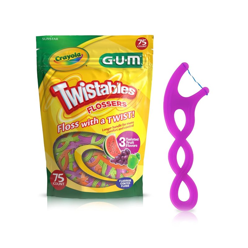 GUM Crayola Twistables Kids Flossers - Fun Fruit Flavors, Easy-to-Use Dental Picks | 75 Count for Ages 3+