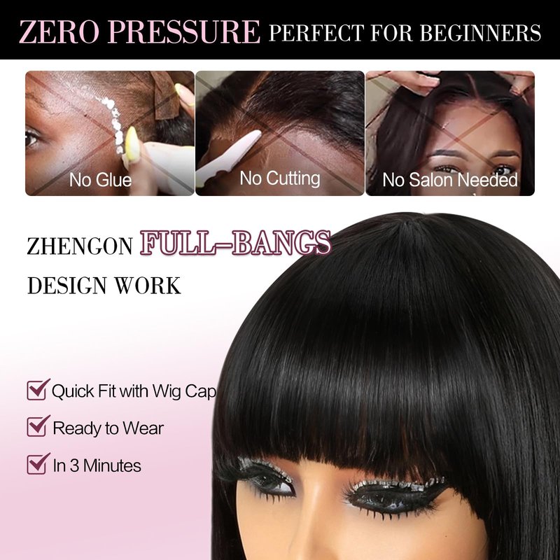 ZHENGON Bob Human Hair Wig with Bangs Silky Straight Glueless Wigs Human Hair 150% Density Black Bob Wig with Bangs None Lace Machine Made Wigs for Black Women 10Inch