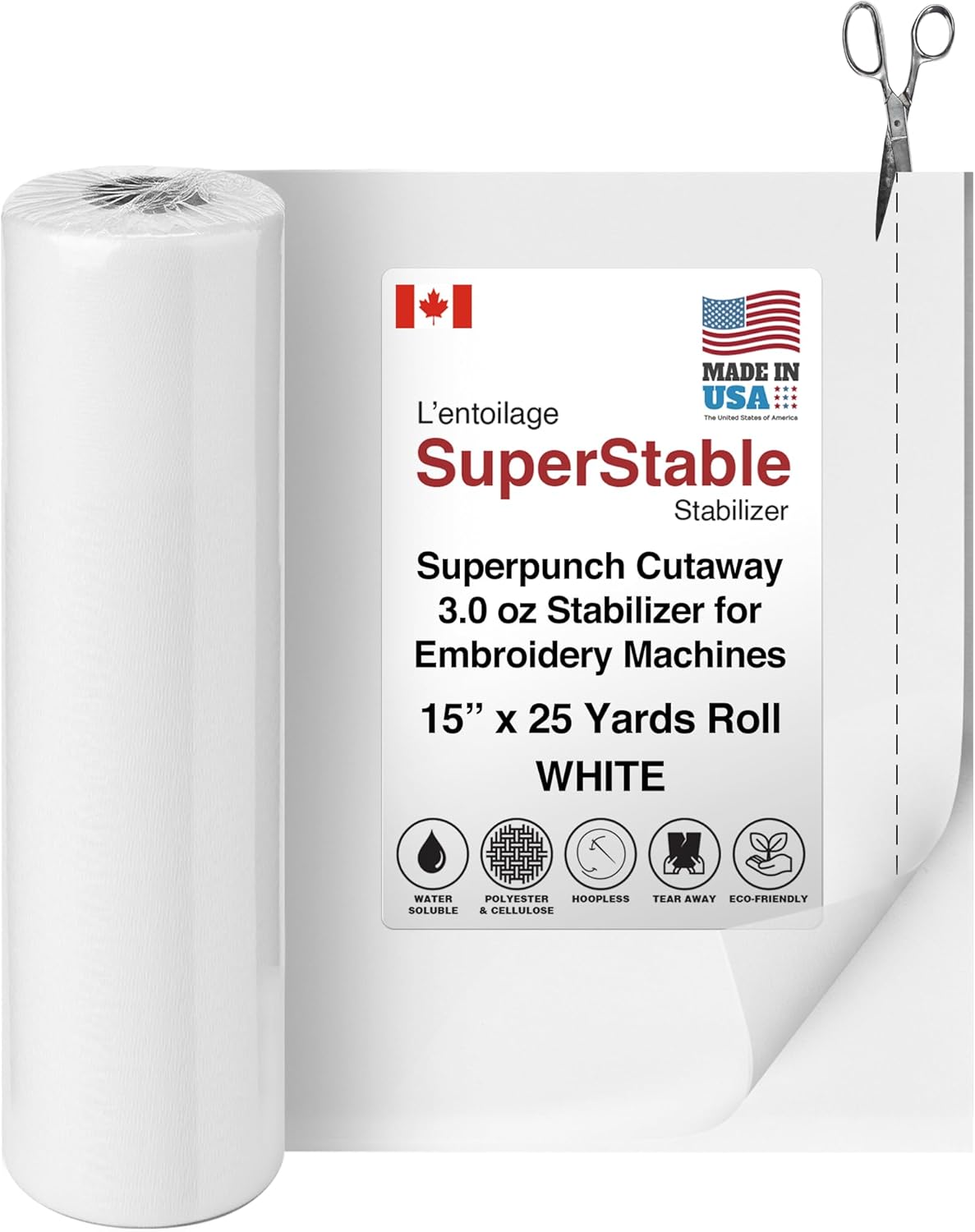 Superpunch Cutaway Stabilizer for Embroidery Machines - Thick White 15" x 25 Yards Roll, Made in USA