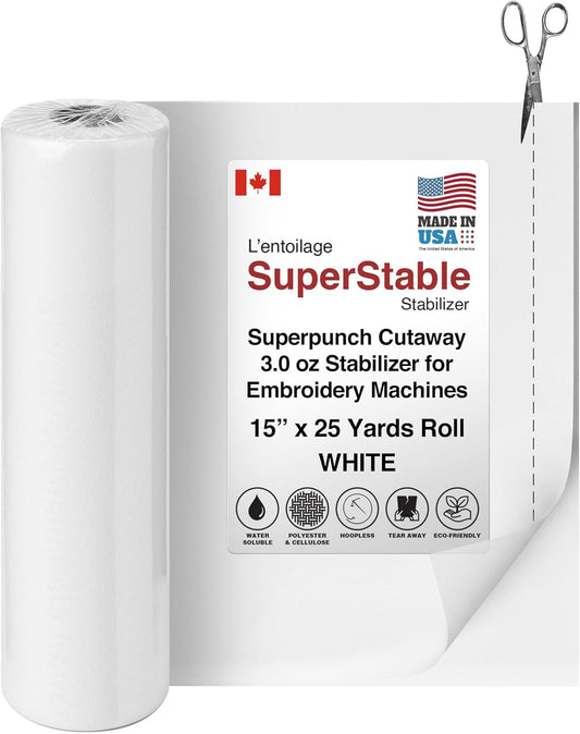 Superpunch Cutaway Stabilizer for Embroidery Machines - Thick White 15" x 25 Yards Roll, Made in USA